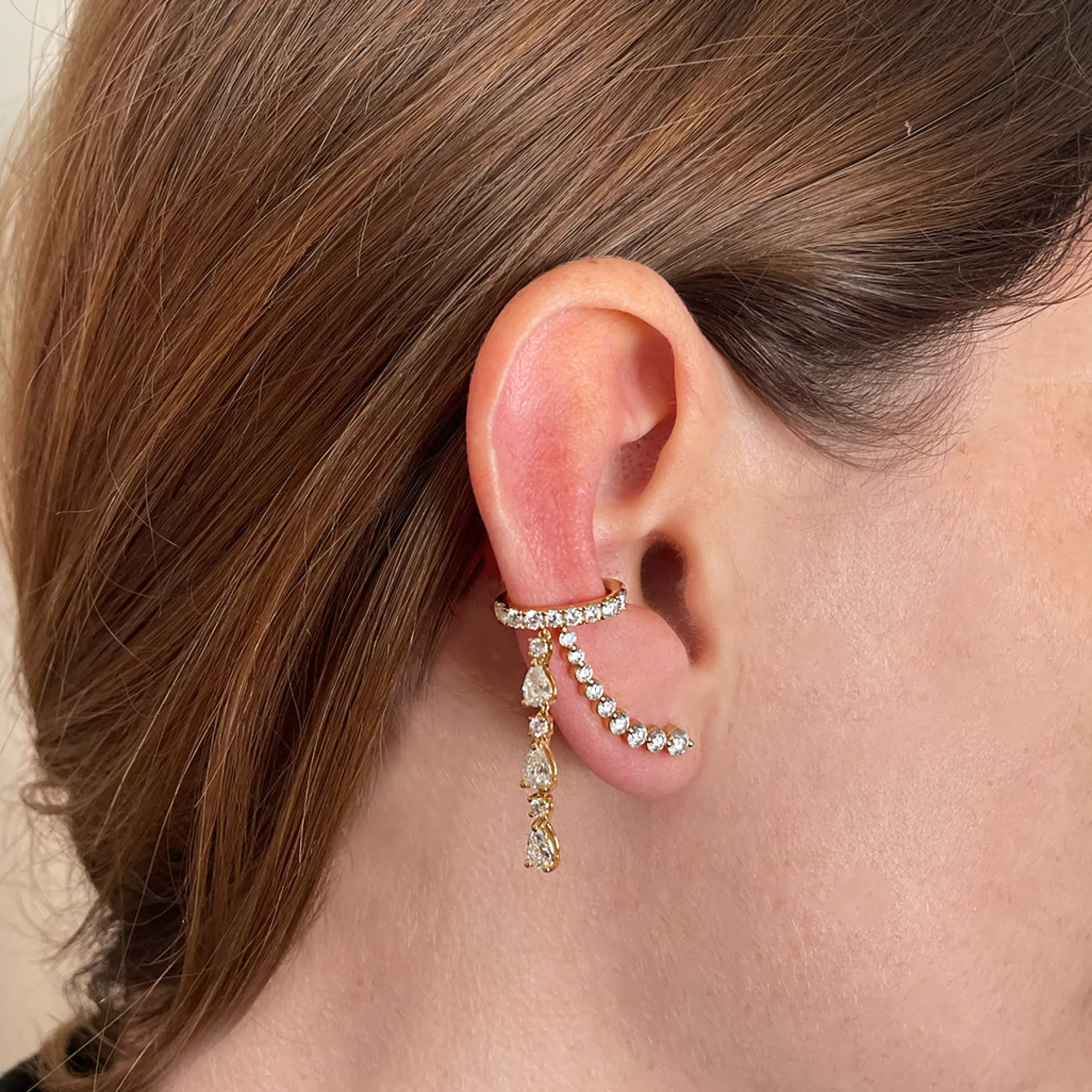 Anita Ko SINLGE ROW DIAMOND EAR CUFF WITH 3 PEAR AND ROUND DIAMOND DROPS